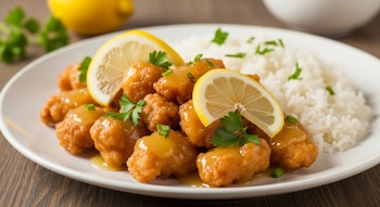 Un plato blanco con pollo frito cubierto en salsa, rodajas de limón y perejil, acompañado de arroz blanco. Al fondo se ve un limón amarillo y hierbas verdes.