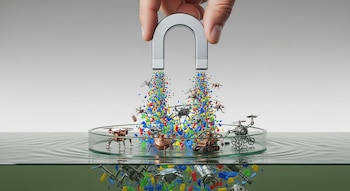 Una mano sostiene un imán en forma de herradura sobre una placa de Petri con agua, de donde ascienden microplásticos de colores y pequeños robots.