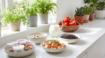 Plano medio de un mesón de cocina blanco con bowls de yogur, leche, pimientos rojos, frijoles negros y salmón. Plantas verdes en macetas junto a una ventana.