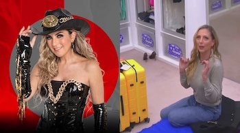 Collage de una mujer con sombrero vaquero negro a la izquierda y la misma persona arrodillada junto a maletas amarillas a la derecha.