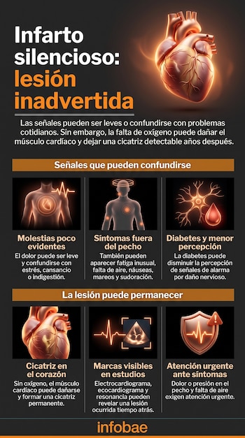 Infografía sobre el infarto silencioso con seis recuadros explicativos y la ilustración de un corazón humano sobre fondo oscuro.