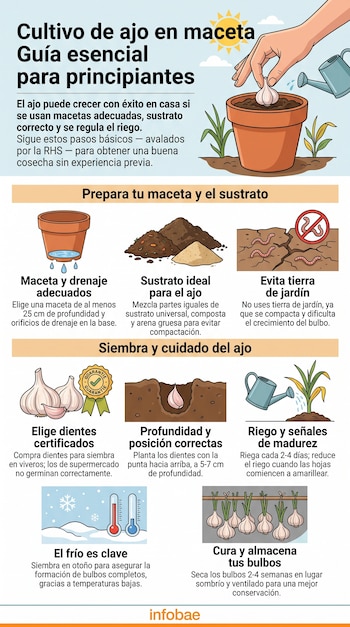 Infografía con ilustraciones explicativas sobre las distintas etapas del cultivo de ajo en maceta y las técnicas de cuidado.