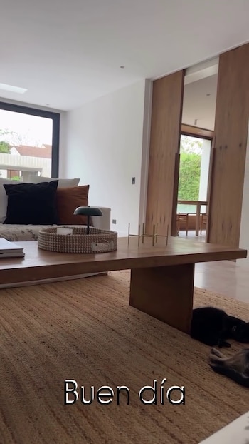 Mesa de centro de madera sobre alfombra tejida, un sofá con cojines, puertas corredizas de madera y un gato negro tendido en el suelo