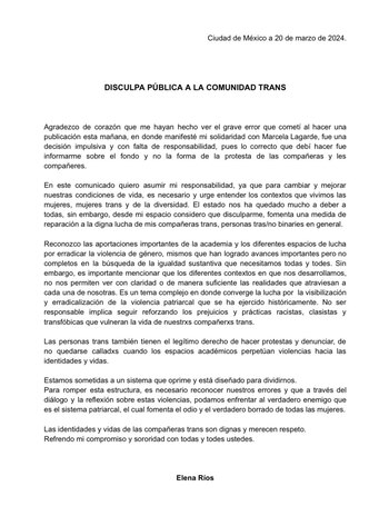 Comunicado de la activista
(Foto: