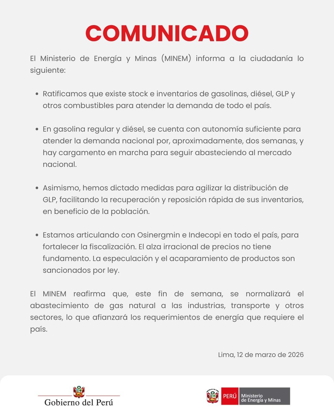 Gobierno asegura abastecimiento de gasolina y diésel mientras refuerza fiscalización por variación de precios. (Foto: X/@Minem)