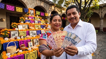 Un hombre y una mujer sostienen billetes mexicanos en abanico frente a un altar decorado con flores de cempasúchil, papel picado y fotos.