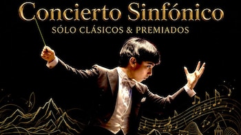 Cartel promocional con el texto Concierto Sinfónico y un joven director de orquesta con traje formal sosteniendo una batuta