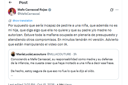 Este fue el primer mensaje de Mafe Carrascal, tras el episodio con una menor de edad - crédito @MafeCarrascal/X