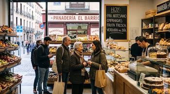 Cuatro personas hacen fila ante el mostrador de un comercio que exhibe pan, frutas y verduras junto a un gran ventanal.