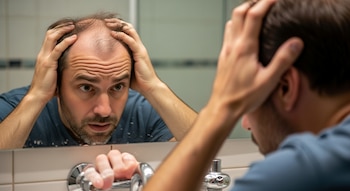 Primer plano de un hombre con barba corta y camiseta azul, mirándose al espejo con las manos en la cabeza, mostrando la parte superior de su cabeza con calvicie.