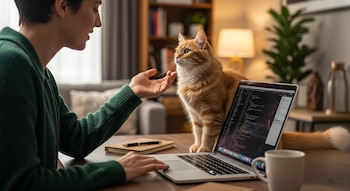 Mujer con suéter verde toca a gato anaranjado sobre teclado de computadora portátil. En el escritorio hay cuaderno, lápiz y taza. El fondo muestra estante y lámpara.