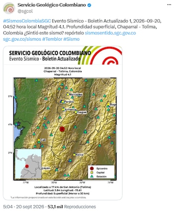 Temblor en Chaparral, Tolima - crédito @sgcol/X