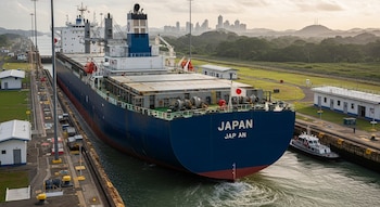 Un gran buque azul con la palabra "Japan" en la popa atraviesa unas esclusas. Se observa una bandera de Japón, edificios a lo lejos y vegetación.
