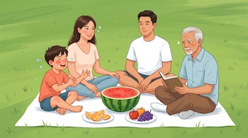 Ilustración de una familia de cuatro sentada en una manta blanca sobre césped verde. Comparten una sandía abierta, naranjas, uvas y manzanas en platos.