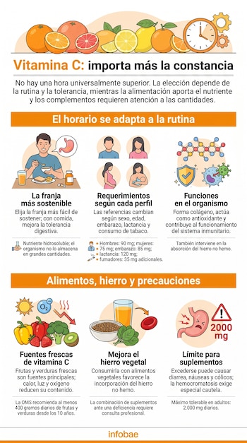 Infografía sobre vitamina C con ilustraciones de frutas cítricas, un reloj, frascos de suplementos, el sistema digestivo y un vaso de jugo.