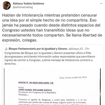 Congresista Adriana Tudela aseguró que