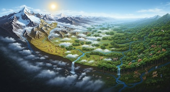 Ilustración aérea de un paisaje que transiciona de montañas nevadas y pastizales andinos a una vasta selva amazónica, con ríos, cascadas y fauna diversa.