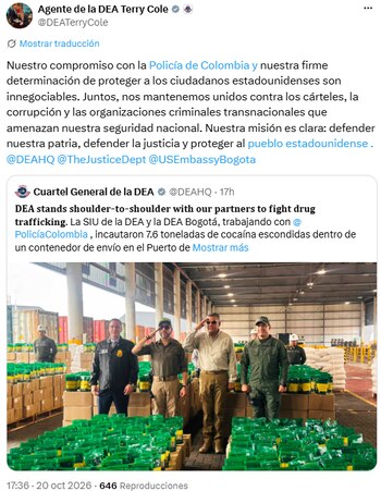 Terry Cole ratificó apoyo de la DEA a Colombia tras incautación de cocaína en Cartagena - crédito @DEATerryCole/X