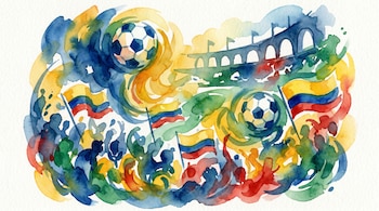 Ilustración acuarela de aficionados celebrando con banderas de Colombia y balones de fútbol, frente a un estadio, en colores vibrantes azules, amarillos, rojos y verdes.