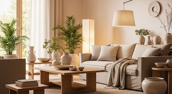 Un salón con sofá claro, mesa de centro de madera, plantas en macetas, jarrones de cerámica y una lámpara de pie, con luz natural de una ventana.