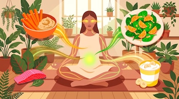 Ilustración de una mujer sentada en el suelo entre plantas, con recipientes de ensalada, zanahorias, yogur y salmón a su alrededor.