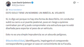 Juan David Quintero cuestionó la imprudencia que cometió el ciudadano, al volante de un Chevrolet Spark - crédito @JD_Quinteror/X