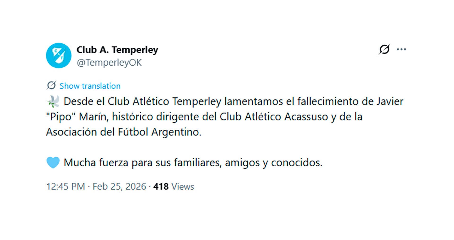 El Club Atlético Temperley publica un tuit expresando su pesar por el fallecimiento de Javier