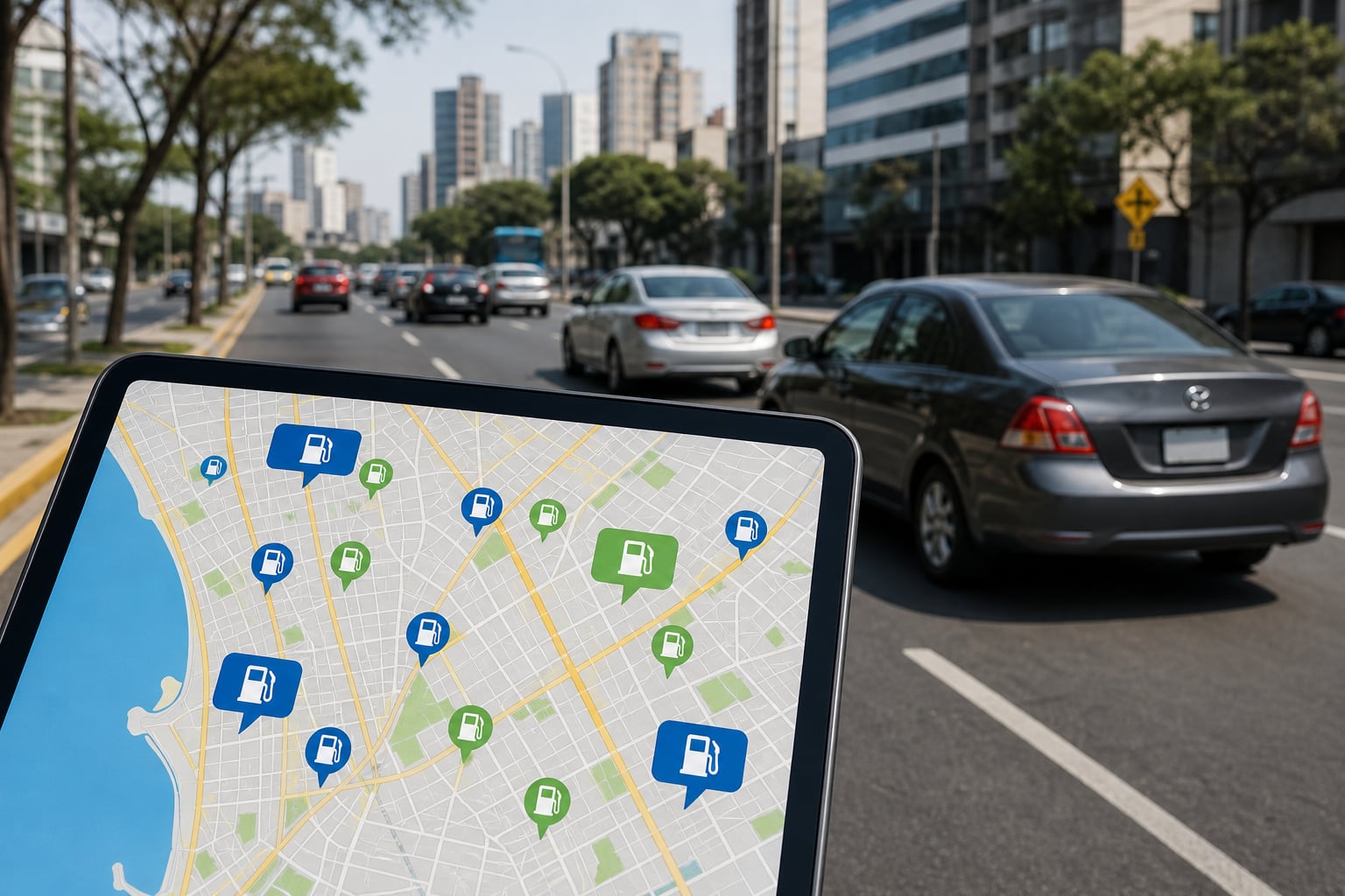 Una pantalla digital muestra el mapa de la herramienta Facilito de Osinergmin con estaciones de combustible frente al tránsito vehicular de Lima. (Imagen Ilustrativa Infobae)