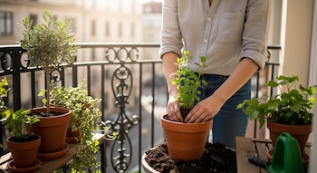Una persona con camisa clara y jeans está sembrando una planta de menta en una maceta de terracota en un balcón soleado, con otras plantas alrededor.