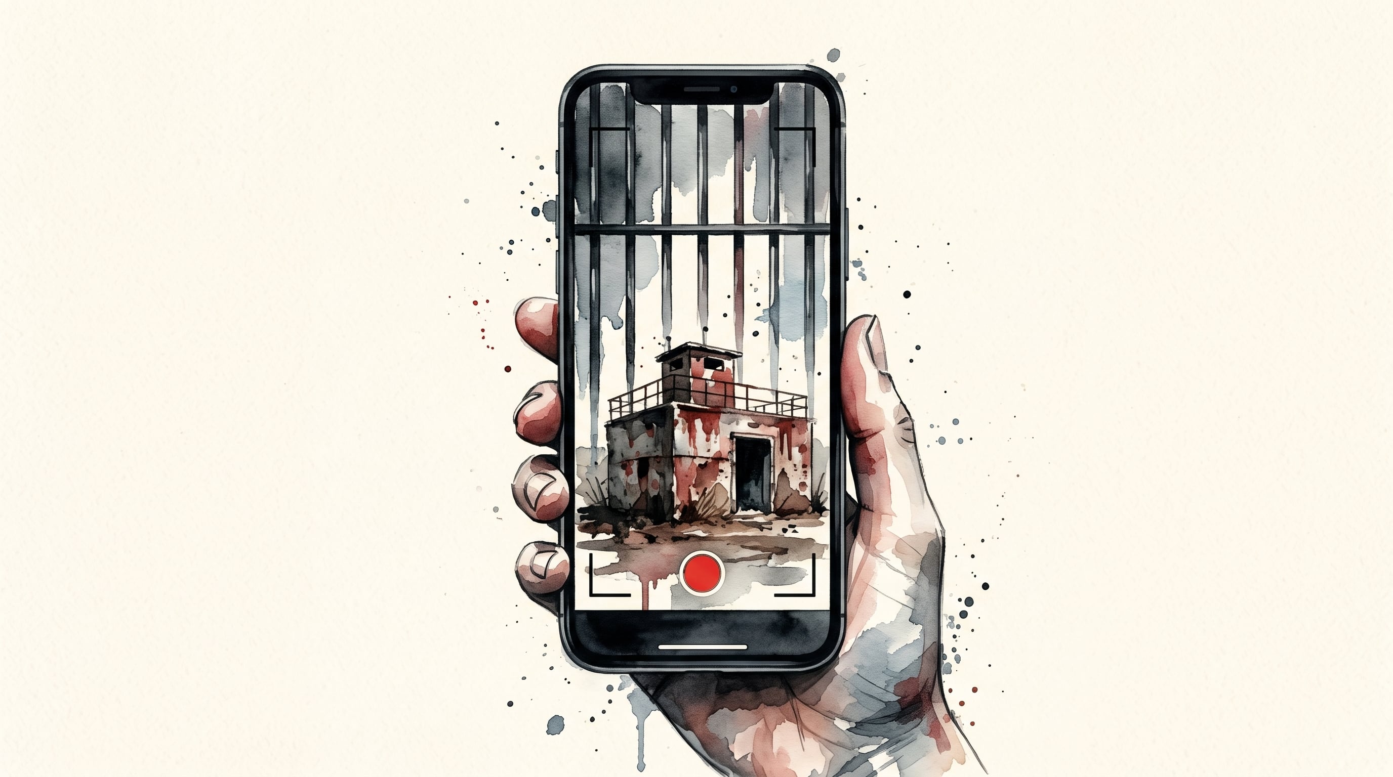 Una mano sostiene un teléfono móvil que graba una edificación militar oxidada con la pantalla integrada a barrotes de celda. (Imagen Ilustrativa Infobae)