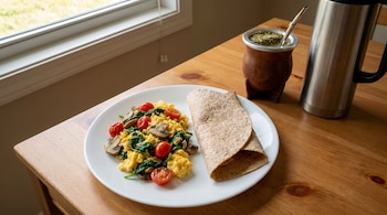 Plato blanco con huevos revueltos, espinacas, champiñones y tomates cherry, y un wrap integral. Un mate con bombilla y termo de metal sobre mesa de madera junto a ventana.