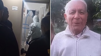 Imagen dividida con personas en trajes de protección entrando a una vivienda a la izquierda y el retrato de un hombre a la derecha.