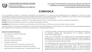 Documento oficial de la Comisión de Postulación de Guatemala para la elección de Contralor General de Cuentas con texto informativo y lista de requisitos