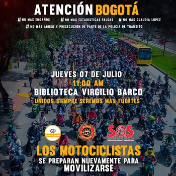 Moteros en Bogotá harán plan tortuga desde las 11 de la mañana en la biblioteca Virgilio Barco por prohibición de parrillero hombre en la ciudad / FOTO: SOS Cultura Moto