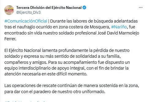 El Ejército Nacional confirmó el hallazgo de uno de los cuerpos de los soldados que habían desaparecido luego del naufragio de una embarcación ocurrida en zona costera del municipio de Mosquera, Nariño - crédito @Ejercito_Div3/X