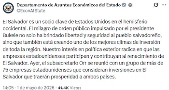 El Departamento de Asuntos Económicos del Estado señala que El Salvador es un socio clave de Estados Unidos gracias a los avances en seguridad impulsados por el presidente Bukele. Estos cambios generan un entorno estable y atractivo para la inversión extranjera. (Cortesía: Departamento de Asuntos Económicos del Estado)