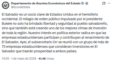 El Departamento de Asuntos Económicos del Estado señala que El Salvador es un socio clave de Estados Unidos gracias a los avances en seguridad impulsados por el presidente Bukele. Estos cambios generan un entorno estable y atractivo para la inversión extranjera. (Cortesía: Departamento de Asuntos Económicos del Estado)