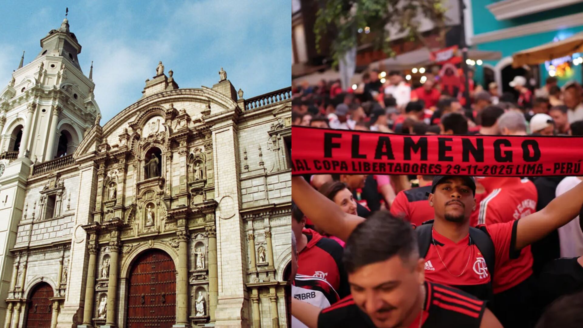 Hinchas del Flamengo asisten a misa en la Catedral de Lima. Composición Infobae Perú