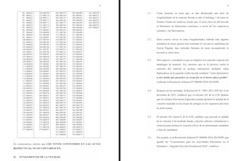 Documento oficial con texto en español que incluye una tabla de números y párrafos sobre supuestas irregularidades en la votación en Estados Unidos