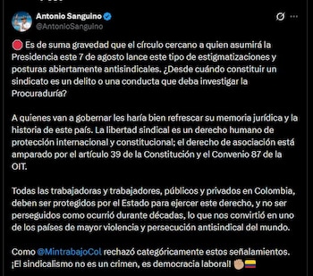 Sanguino sostuvo que la libertad sindical está protegida por el artículo 39 de la Constitución y por el Convenio 87 de la OIT - crédito @AntonioSanguino/X