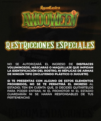 No se permitirá el ingreso con máscaras, maquillaje que cubra el rostro, disfraces voluminosos ni réplicas de armas - crédito @awoolive/ Instagram