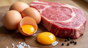 Un corte de carne roja cruda, tres huevos enteros y uno roto con yema expuesta, sal marina y granos de pimienta sobre una tabla de madera.