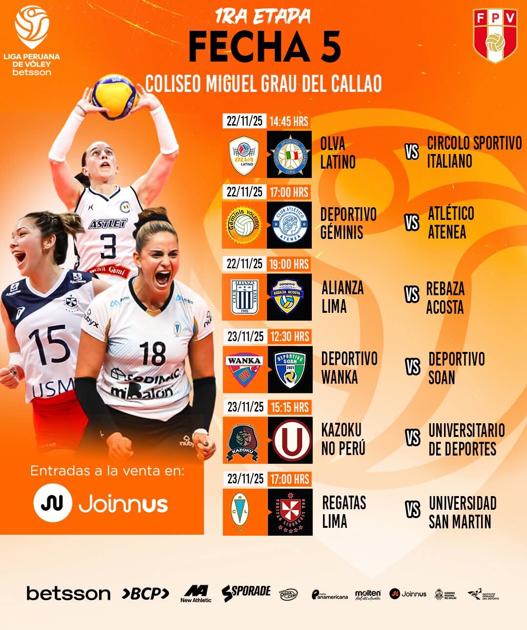 Programación de la fecha 5 de la Fase 1 de la Liga Peruana de Vóley 2025/26