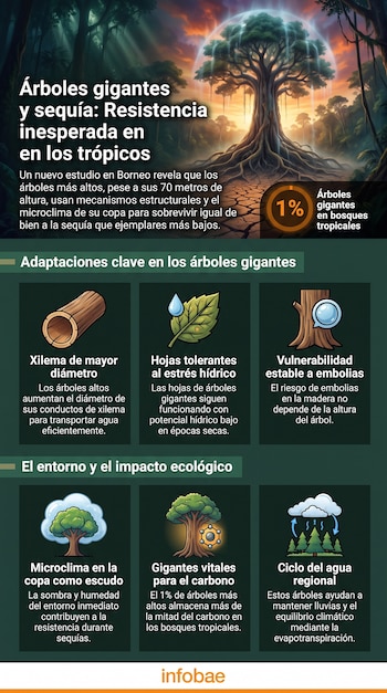 Infografía con un gran árbol estilizado en un bosque, el suelo agrietado, y seis paneles con iconos y descripciones sobre adaptaciones de árboles y ecología tropical.