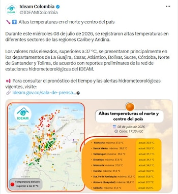 Desde el Instituto de Hidrología, Meteorología y Estudios Ambientales (Ideam), se advirtió de las fuertes temperaturas que se estaban viviendo en varios departamento del país - crédito @IDEAMColombia/X