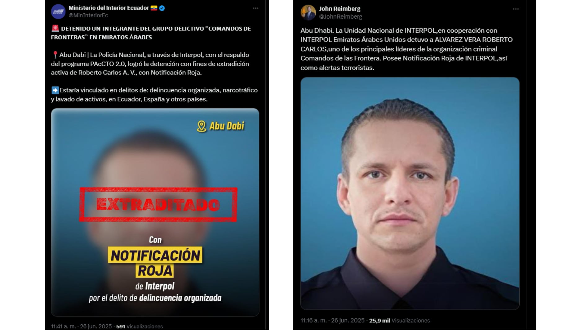 El ministro del Interior de Ecuador, John Reimberg, confirmó a través de su cuenta de X la captura de alias el Gerente, y también entregó detalles de su detención en Emiratos Árabes Unidos - crédito @MinInteriorEc/X