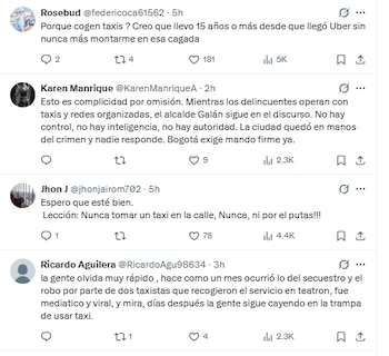 Usuarios de redes sociales aseguran que la mayoría de taxistas en Bogotá pertenecen a grupos delincuenciales - crédito @EdgarVillabonaR/X