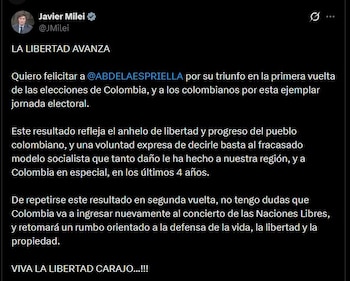 Milei destacó en sus redes que la victoria de De la Espriella refleja el anhelo de libertad y progreso del pueblo colombiano - crédito @JMilei/X