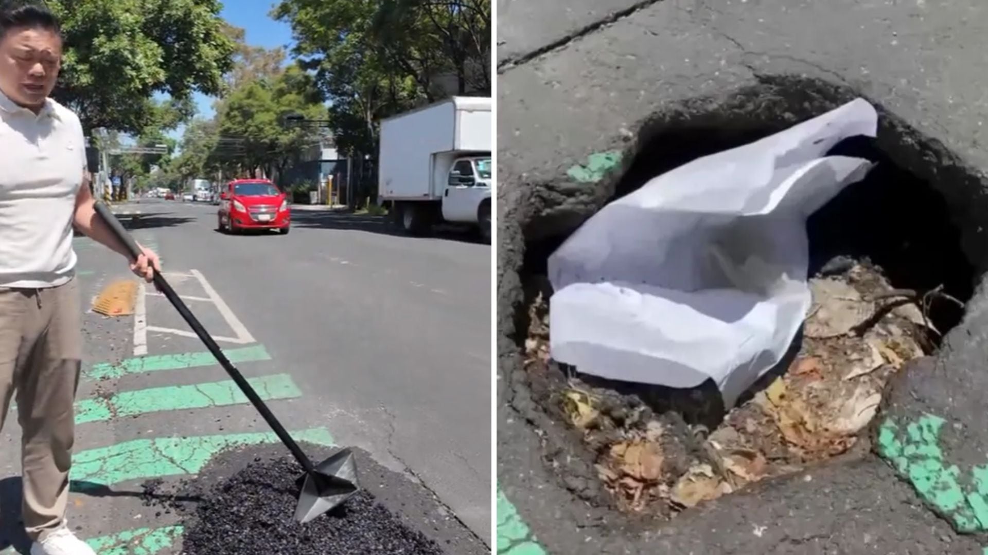 Chino pone el ejemplo y tapa bache donde un adulto mayor cayó de su moto en la CDMX: “No podía quedarme sin hacer nada”