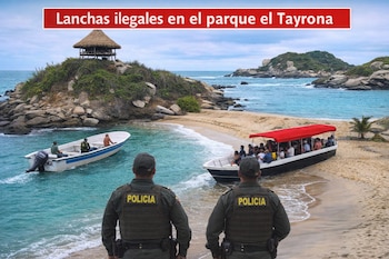 Dos policías en playa, de espaldas. Dos lanchas con personas en el mar. Isla rocosa con cabaña. Texto rojo dice: Lanchas ilegales en el parque el Tayrona.